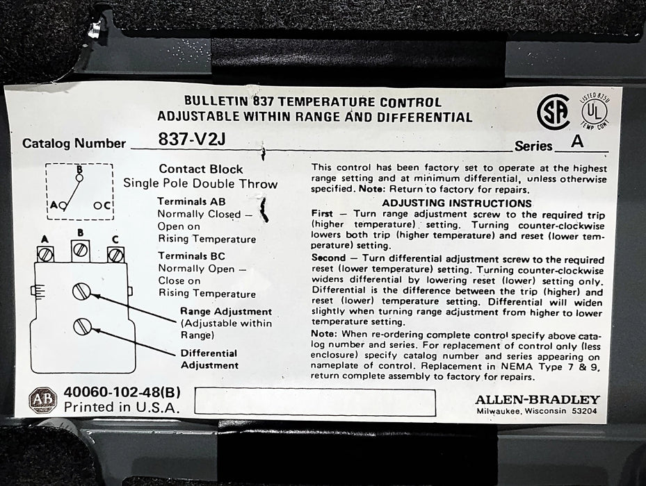 Allen-Bradley 837-V2J Series A 600 V AC 5 A Direct Imersion Temperature Switch