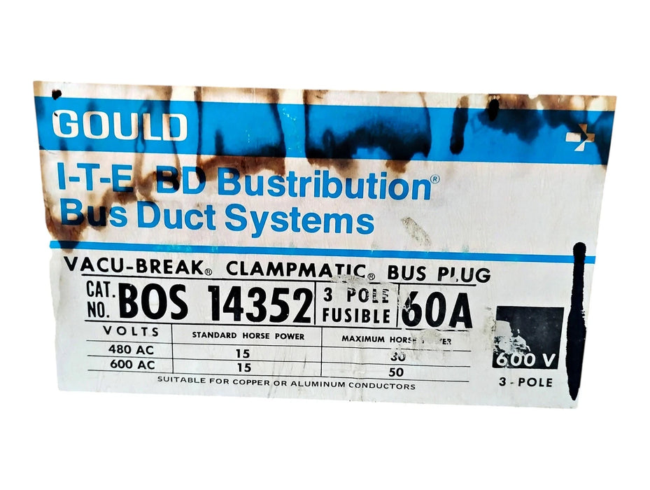 Gould BOS14352 600 V AC 60 A 3 P I-T-E BD Vacu-Break Clampmatic Bus Plug