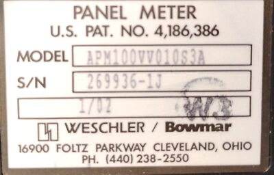Weschler Bowmar APM100VV010S3A 0-100 Analog Panel Meter
