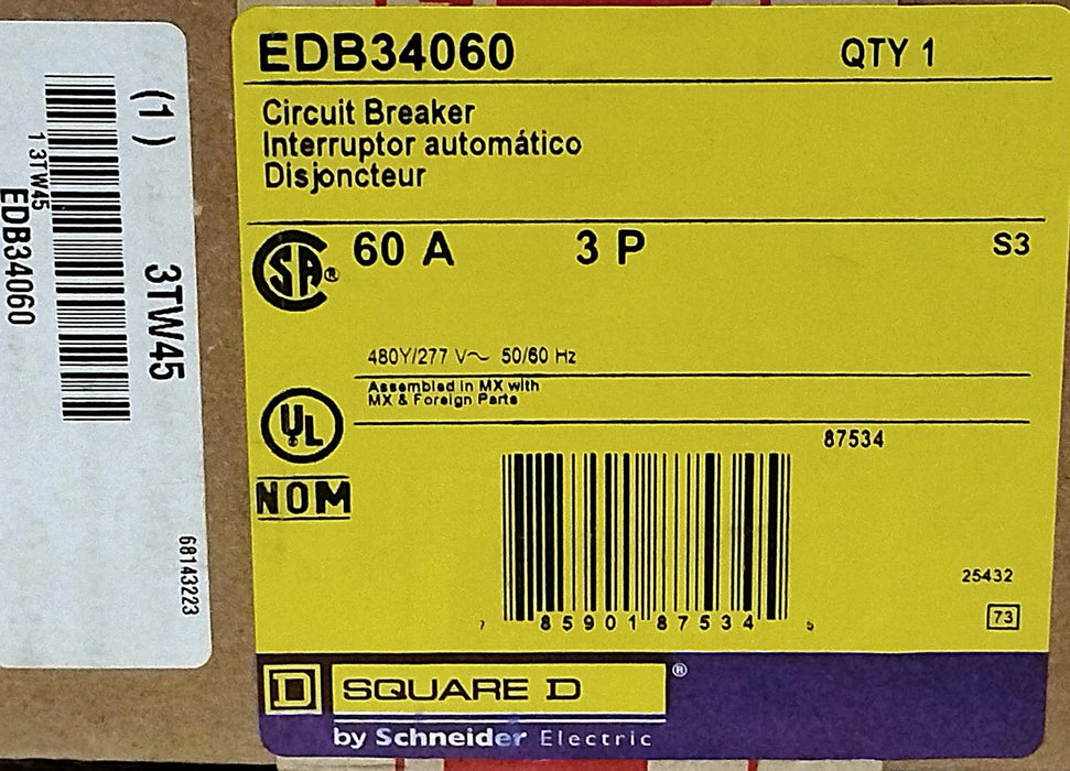 Square D EDB34060 277/480 V AC 60 A 3-Pole Circuit Breaker