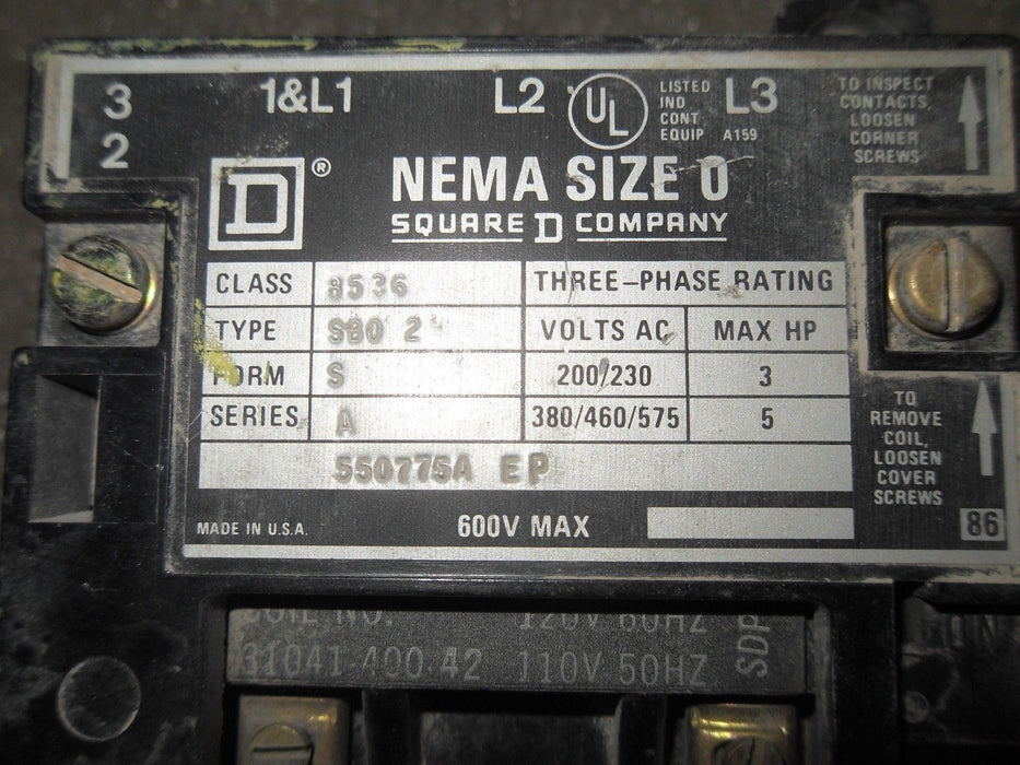Square D 8536-SB0-2SA/ 8536-SBO-2SA SIZE 0 Starter