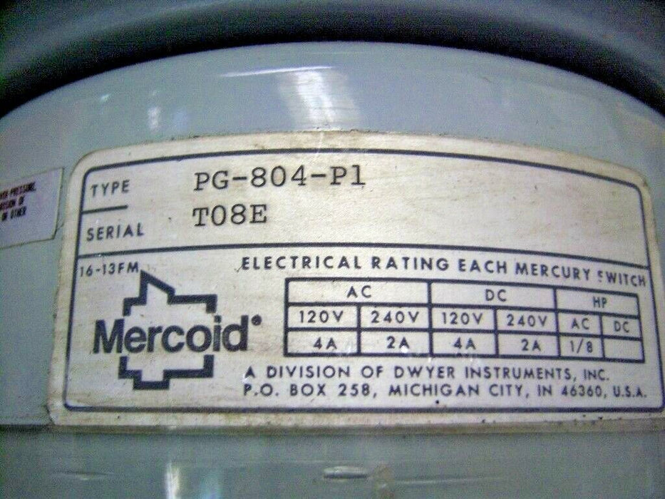 Mercoid Pressure Switch 2-15 Psig PG-804-P1