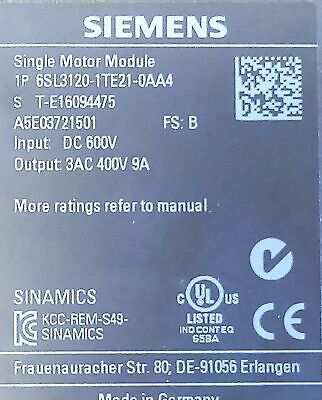 Siemens 6SL3120-1TE21-0AA4 Frequency Converter Single Motor Module