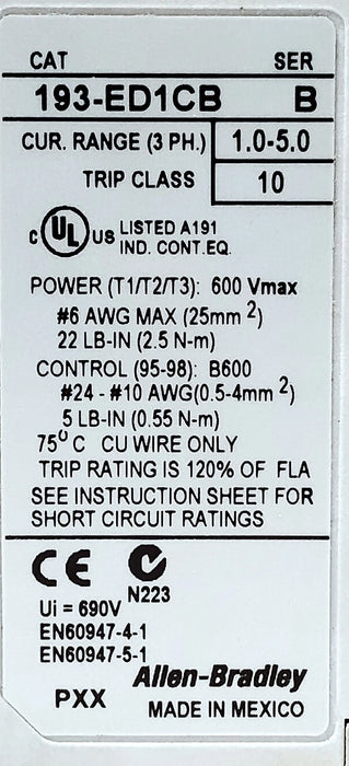 Allen-Bradley 193-ED1CB 600 V AC 1-5 A Overload Relay for C09-C23 Contactors