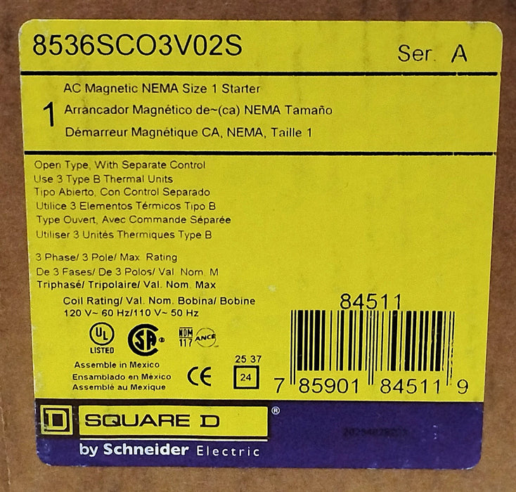 Square D 8536SCO3V02S 600 VAC 27 A Non-Reversing NEMA 1 Starter w/ 120 V AC Coil