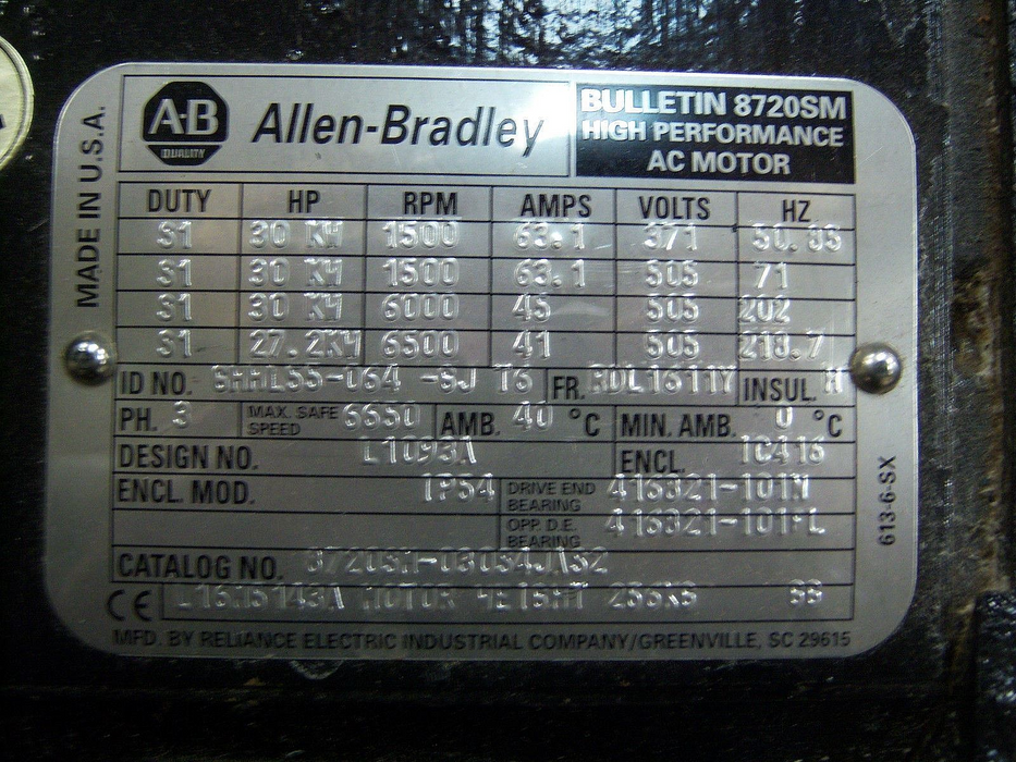 Allen Bradley Motor 31HP (Kw) 37.1V 1600 RPM 8720SM-030Z4JAS2