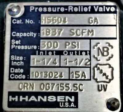 Hansen H5604112FPT 150PSIG Pressure Relief Valve