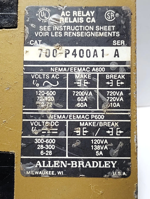 Allen-Bradley 700-P400A1 Series A 600 V AC 10 A Relay w/ 115/120 V AC Coil