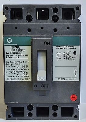 GE TED134100 480 VAC/250 VDC 100 A 3 Pole Industrial Molded Case Circuit Breaker