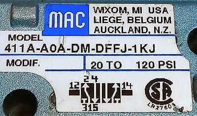 MAC Valves 411A-A0A-DM-DFFJ-1KJ 24 V DC 120 psi Solenoid Valve