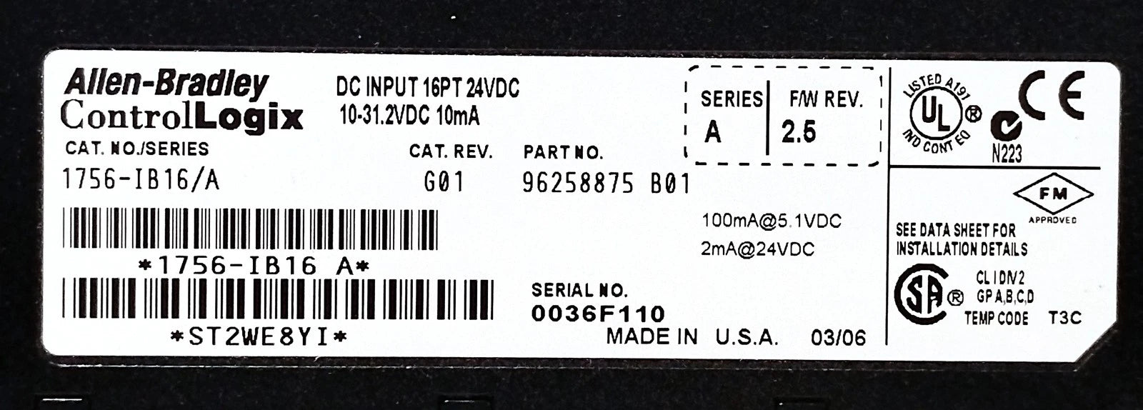 Allen-Bradley 1756-IB16/A Rev G01 Ser A PLC Input Module