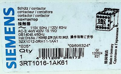 Siemens 3RT1016-1AK61 400 V AC 9 A Contactor with 110/120 V AC Coil