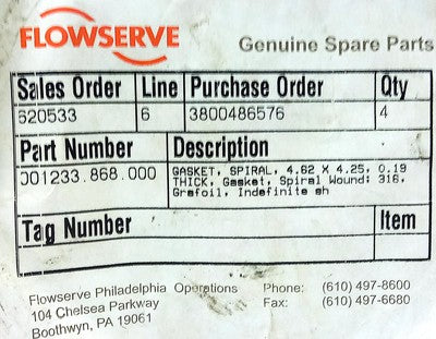 Flowserve 001233.868.000 316 SS Spiral Wound Gasket