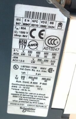 Telemecanique LC1D5011U7 LC1D5011 230/240 V AC 50 A Non-Reversing Contactor