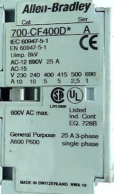 Allen-Bradley 700-CF400DJ 600 V 25 A IEC Contactor w/ 24 V DC Coil
