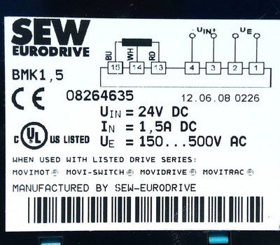 Sew Eurodrive 08264635 1.5 A Brake Rectifier w/ 24 VDC Input 150-500 VAC Output