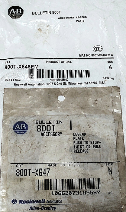 Allen-Bradley 800T-X647 and 800T-X646EM Aluminum Legend Plates for 30 mm Switch
