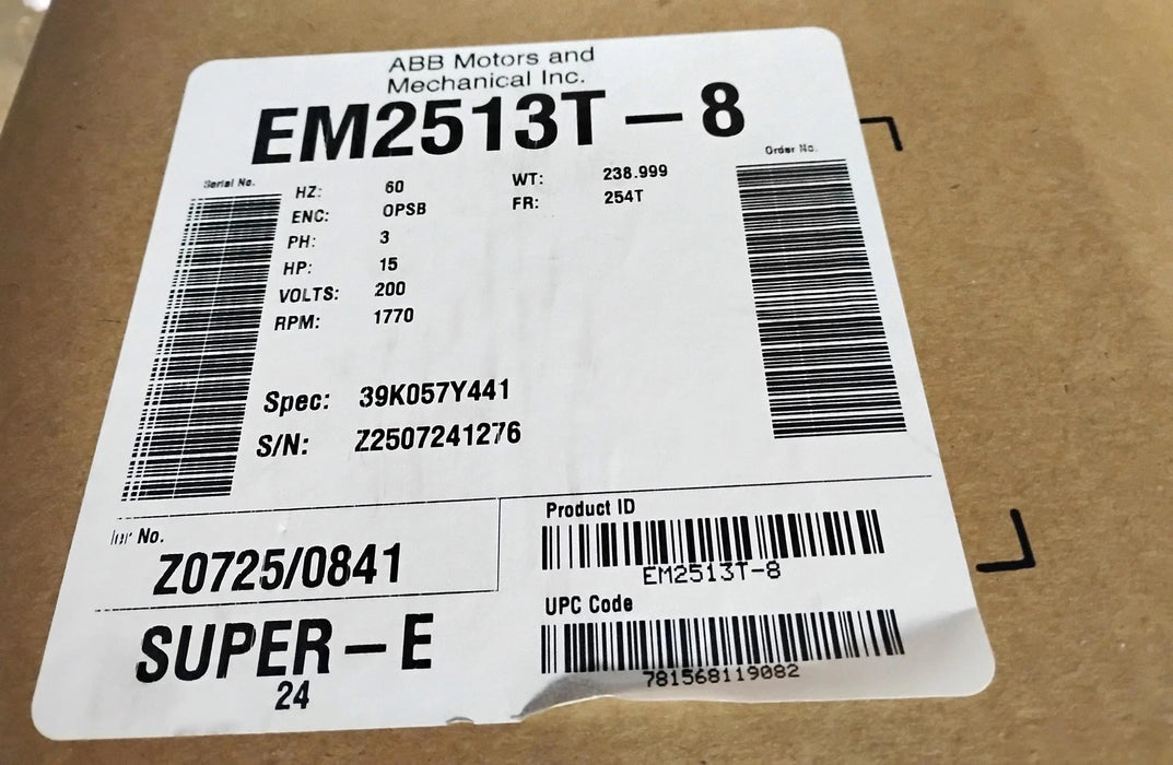 Baldor EM2513T-8 200 V 15 HP 1770 RPM Super-E Motor