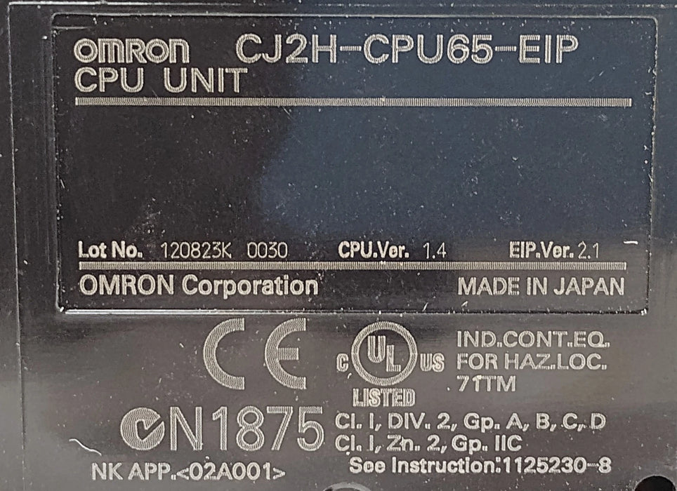 Omron CJ2H-CPU65-EIP PLC CPU Unit w/ Ethernet Port and 32K Word Memory