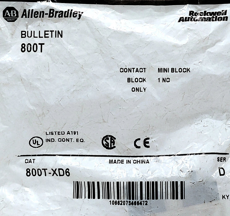 Allen-Bradley 800T-XD6 Series D 1 NC Mini Contact Block for 30 mm Pushbuttons