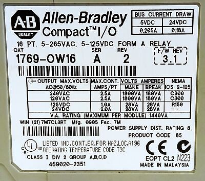 Allen-Bradley 1769-OW16 Ser A Rev 2 F/W Rev 3.1 PLC Output Module