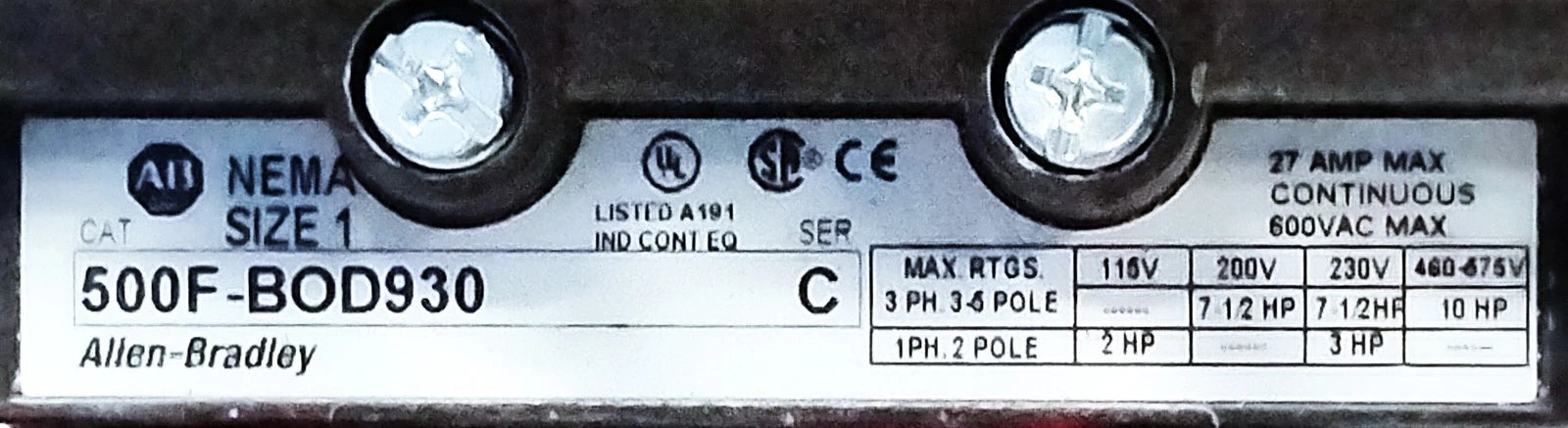 Allen-Bradley 500F-BOD930 600 V AC 27 A NEMA Size 1 Contactor w/ 110/120 V Coil