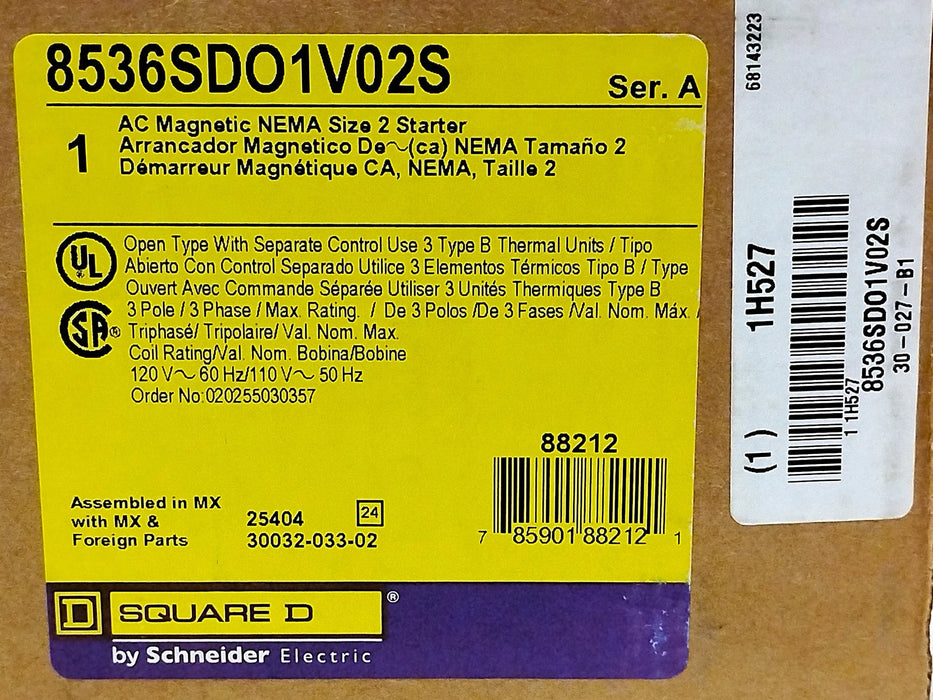 Square D 8536SDO1V02S 600 VAC 45 A NEMA 2 Non-Reversing Starter w/ 120 V AC Coil