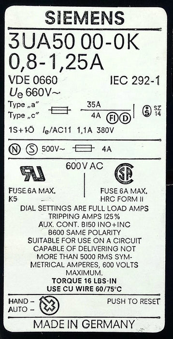Siemens 3UA50-00-0K 600 V AC 0.8-1.25 A Solid State Overload Protection Relay