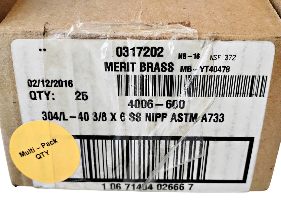 Merit Brass 4006-600 3/8" x 6" L MNPT Sch 40 304 Stainless Steel Pipe Nipple