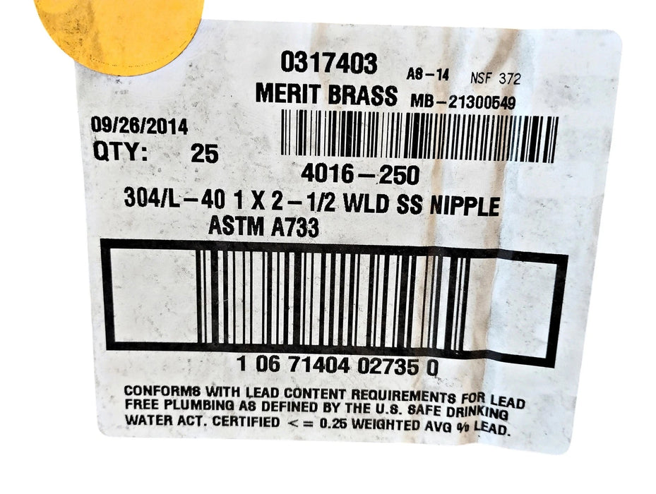Merit Brass 4016-250 1" x 2-1/2" MNPT Sch 40 304 SS Pipe Nipple