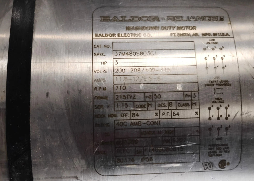 Baldor 37M480S803G1 230/460 V 865 RPM 3 HP 215TYZ Stainless Steel Washdown Motor