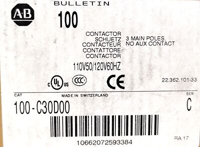 Allen-Bradley 100-C30D00 30 A Non-Reversing Contactor W/ 110/120 V AC Coil