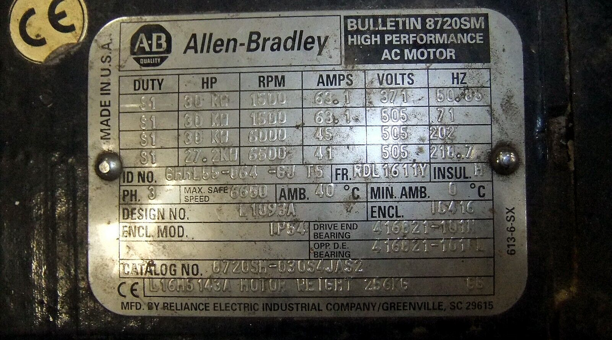 Allen Bradley Motor 31HP (Kw) 37.1V 1600 RPM 8720SM-030Z4JAS2