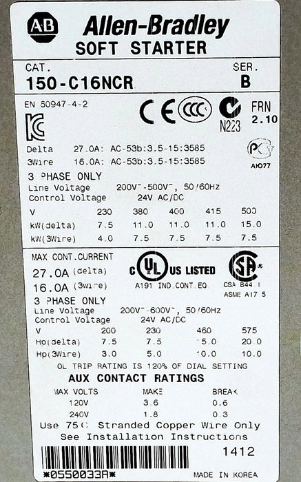 Allen-Bradley 150-C16NCR SMC-3 Ser B 200-600 V 5.3-16 A Solid State Soft Starter