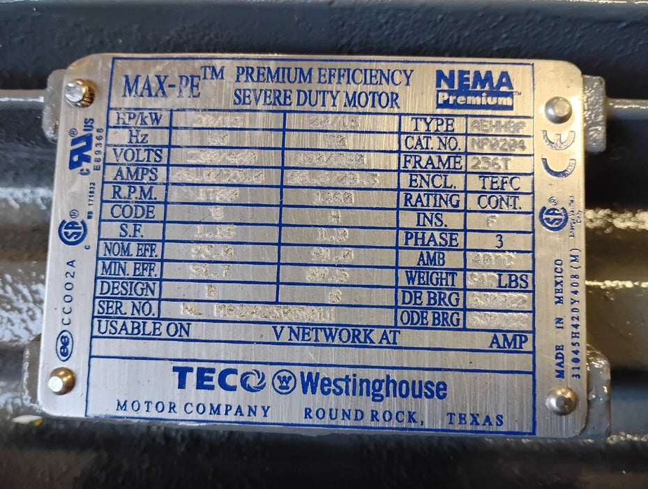 TECO Westinghouse NP0204 230/460 V 1760 RPM 20 HP MAX-PE Severe Duty Motor
