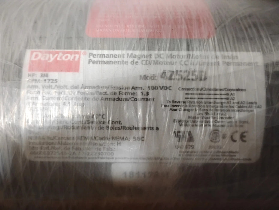 Dayton 4Z525B 180 V DC 3/4 HP 1725 RPM Permanent Magnet DC Motor