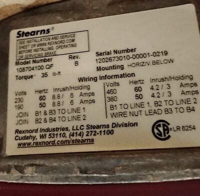 Stearns 108704100 QF 1-7/16 in Bore 230/460 V 35 lb-ft Self-Adjusting Disc Brake