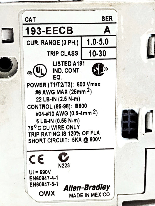 Allen-Bradley 193-EECB Series A 690 V 1-5 A Adjustable Overload Protection Relay
