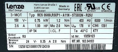 Lenze MCS 06I60LRS0P1-A11N-ST5S00N-R2SU 150 V 3.6 A 1 HP 6000 RPM Servo Motor