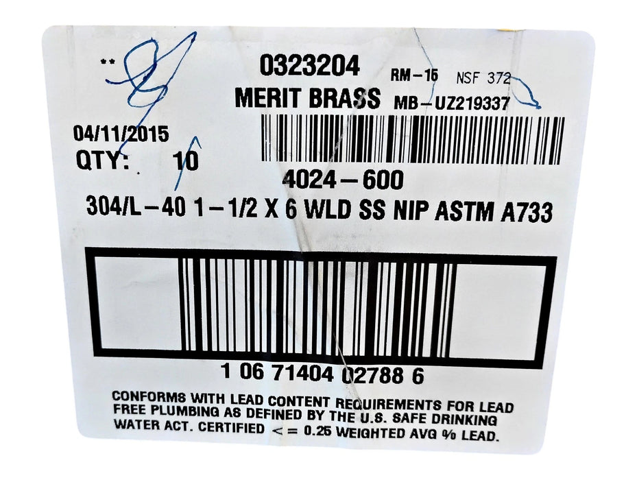 Merit Brass 4024-600 1-1/2" x 6" L MNPT Sch 40 304 Stainless Steel Pipe Nipple