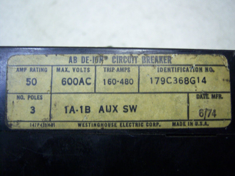 Westinghouse Thyristor Breaker 179C368G14 3P 600VAC 50 Amp