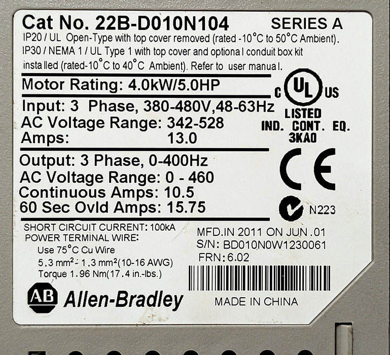 Allen-Bradley 22B-D010N104 Ser A 480 V AC 10.5 A 4 kW Variable Frequency Drive