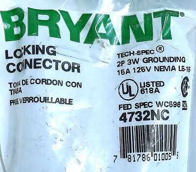 Bryant 4732NC 125 V AC 15 A NEMA L5-15 2 Pole 3 Wire Locking Plug