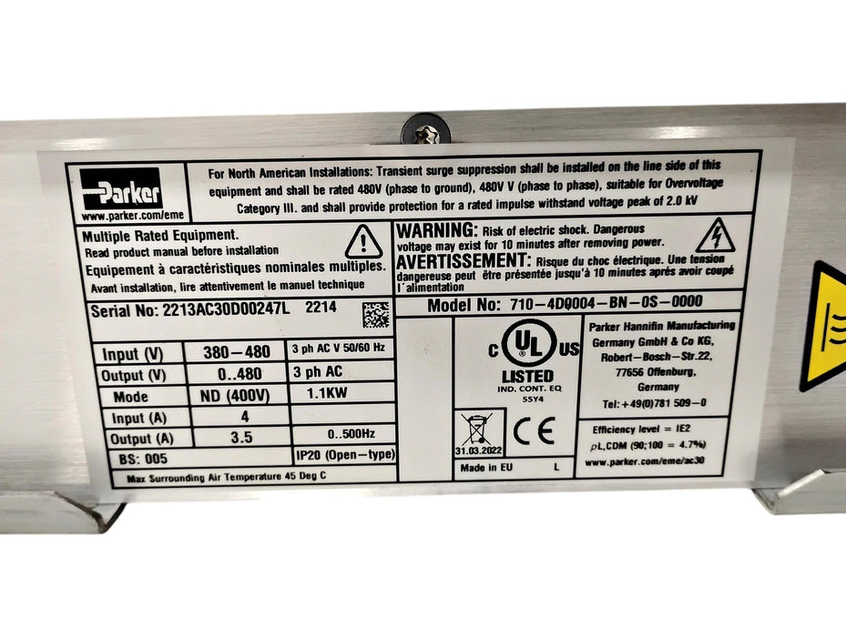 Parker 710-4D0004-BN-0S-0000 380-480V Power Stack w/ 31V-4D0004-BN-2S-0000 Drive