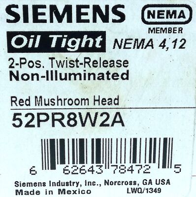 Siemens 52PR8W2A Maintained Twist-Release Red Pushbutton Switch