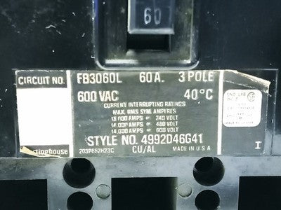 Westinghouse FB3060L 600 V AC 60 A 3-Pole Circuit Breaker