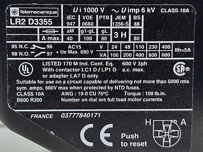 Telemecanique LR2-D3355 3-Phase 600 V 30/40 A Thermal Overload Protection Relay