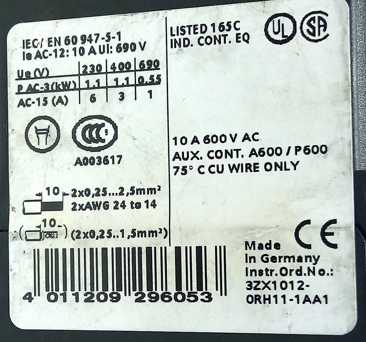 Siemens 3RH1131-2BB40 600 V 10 A Control Relay w/ 24 V DC Coil
