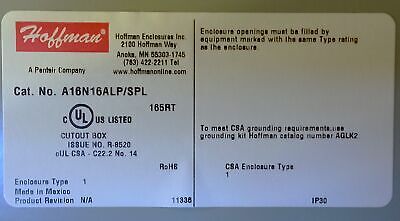 Hoffman Enclosures A16N16ALP/SLP 16X16X6.62 Steel Hinged Wall Mounted Enclosure