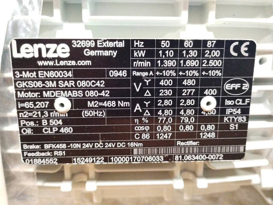 Lenze GKS06-3M SAR 080C42 MDEMABS 080-42 230-400 / 277-480 V Gearmotor